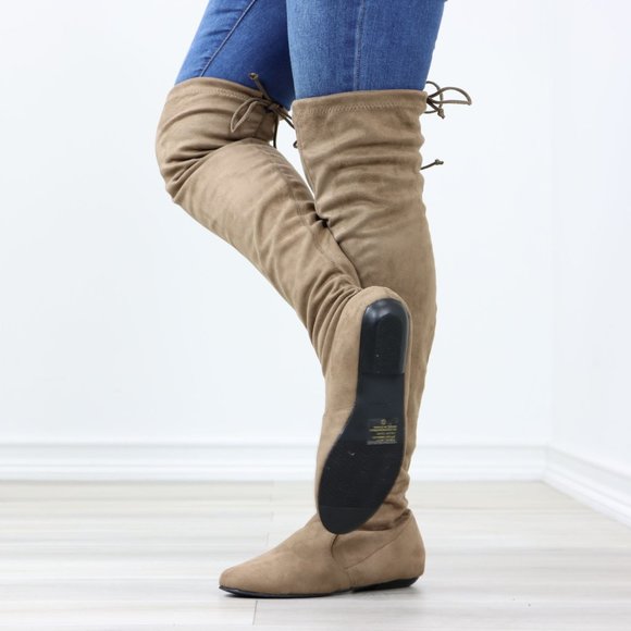 Taupe Thigh High Over The Knee Flat Boots Faux Suede - Picture 14 of 15
